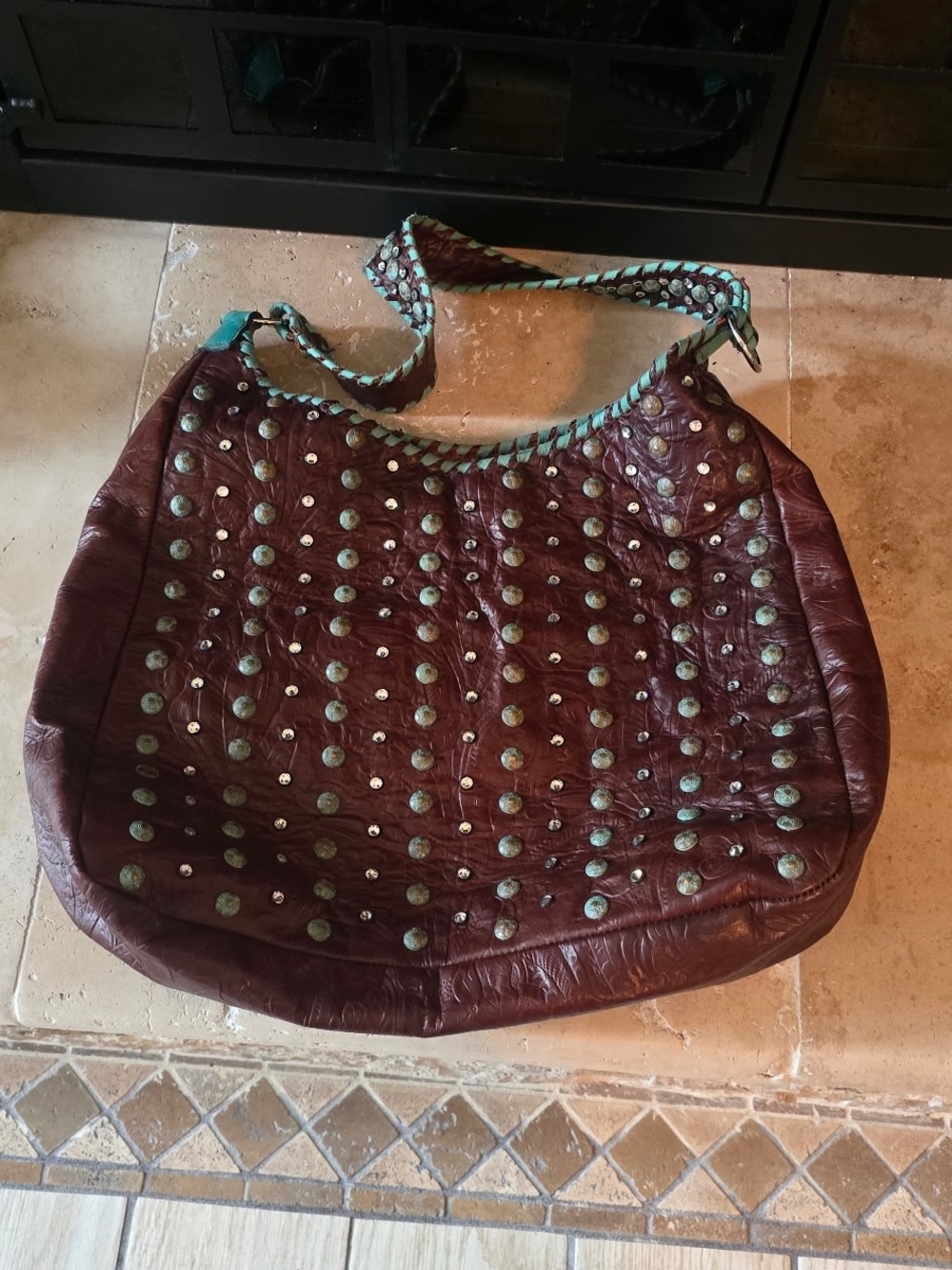 Burgundy Leather Shoulder Bag with Turquoise Accent